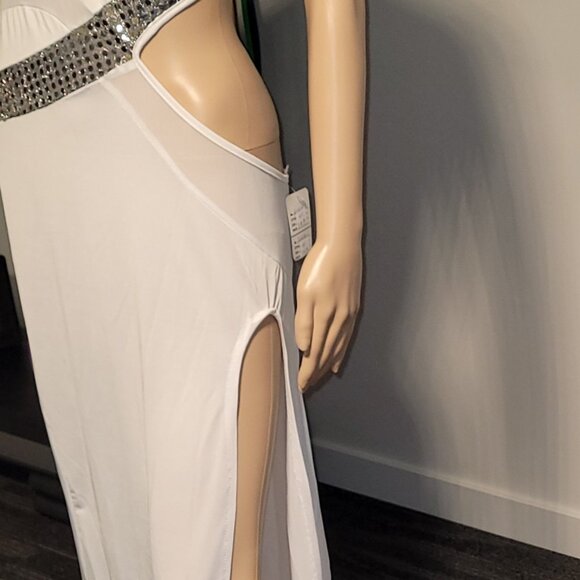 Sexy Women White Long Classy Dress Stretch Silver Seqence Club Medium SL6036-1 - Picture 5 of 9